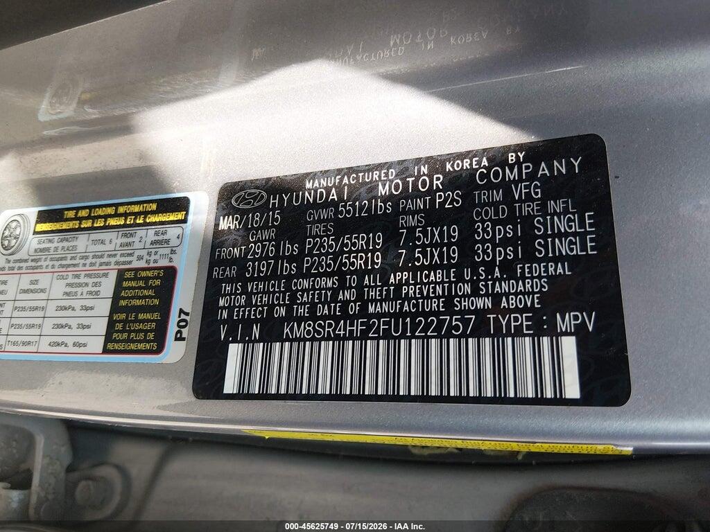 KM8SR4HF2FU122757 2015 HYUNDAI SANTA FE photo no. 9