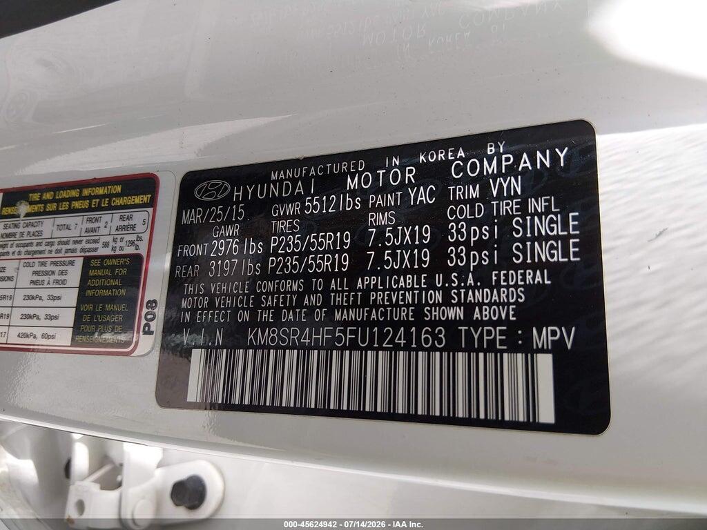 KM8SR4HF5FU124163 2015 HYUNDAI SANTA FE photo no. 9