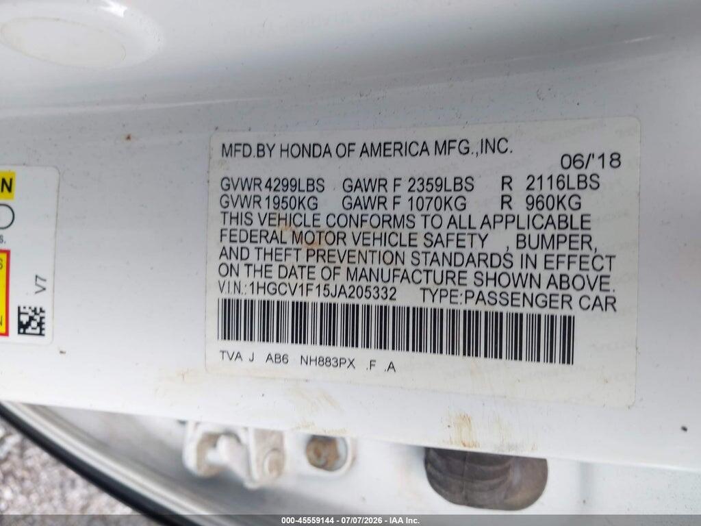 1HGCV1F15JA205332 2018 HONDA ACCORD photo no. 9