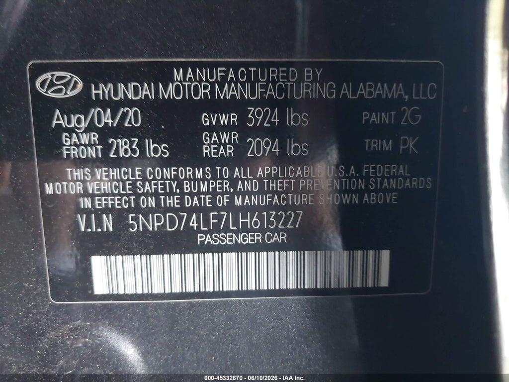 5NPD74LF7LH613227 2020 HYUNDAI ELANTRA photo no. 9