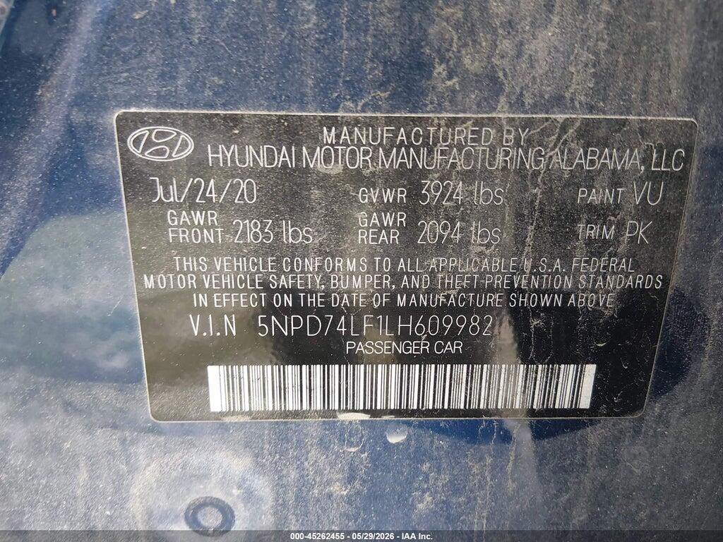 5NPD74LF1LH609982 2020 HYUNDAI ELANTRA photo no. 9