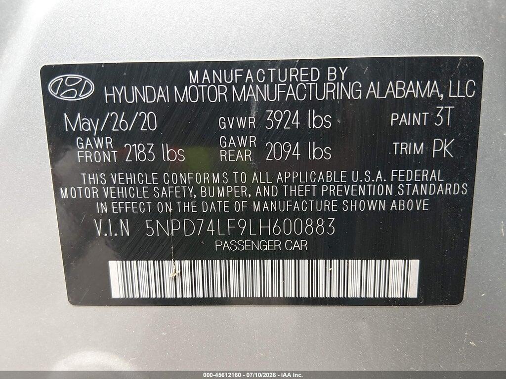 5NPD74LF9LH600883 2020 HYUNDAI ELANTRA photo no. 9