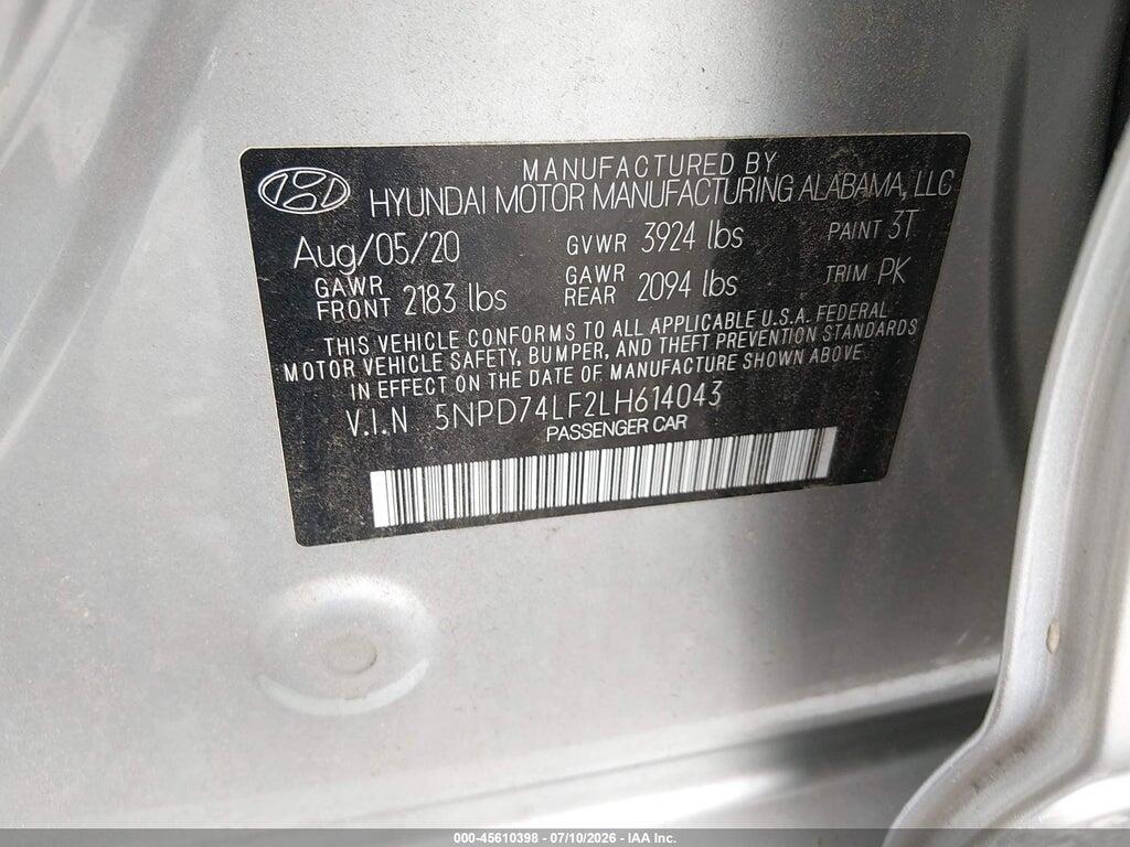 5NPD74LF2LH614043 2020 HYUNDAI ELANTRA photo no. 9