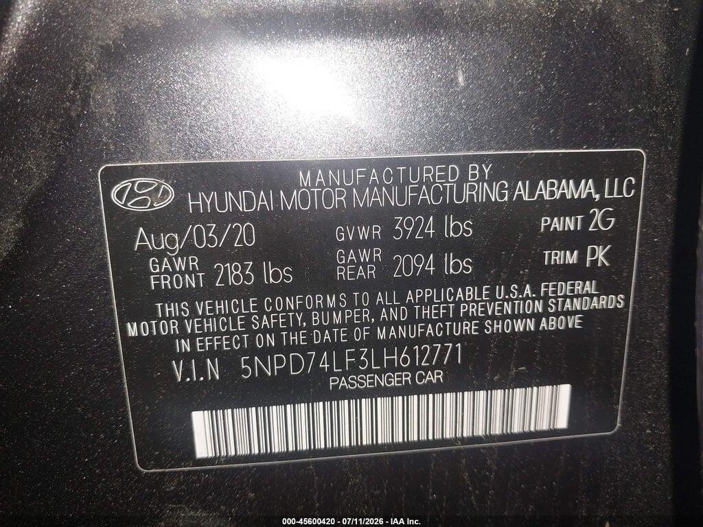 5NPD74LF3LH612771 2020 HYUNDAI ELANTRA photo no. 9