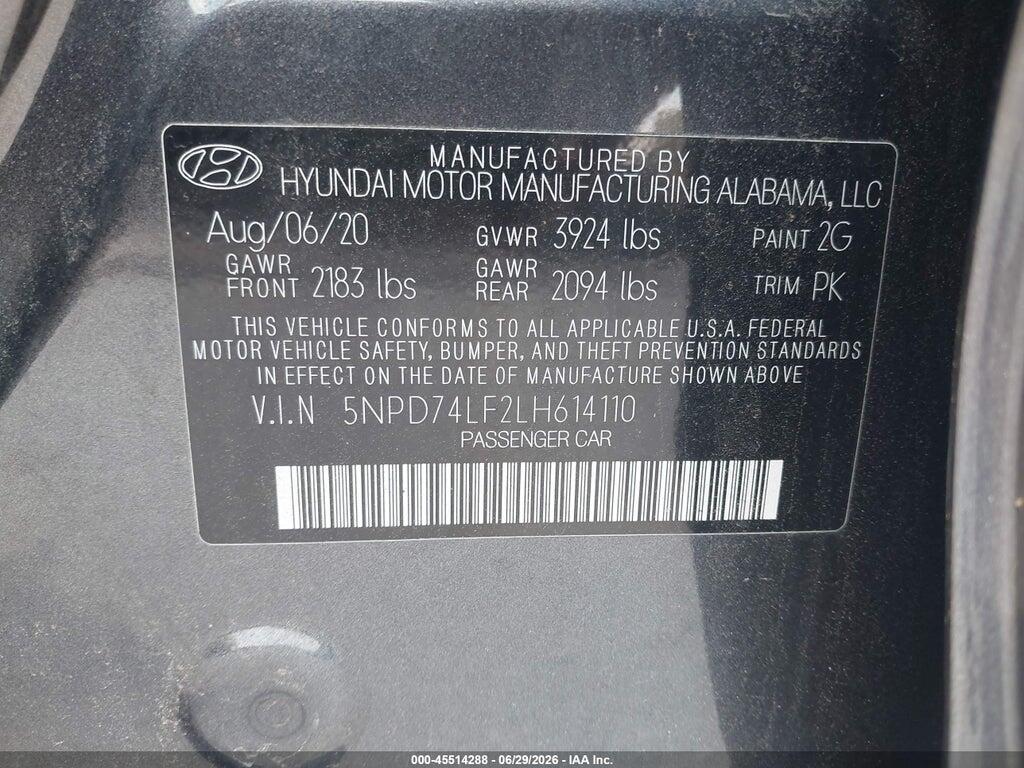 5NPD74LF2LH614110 2020 HYUNDAI ELANTRA photo no. 9