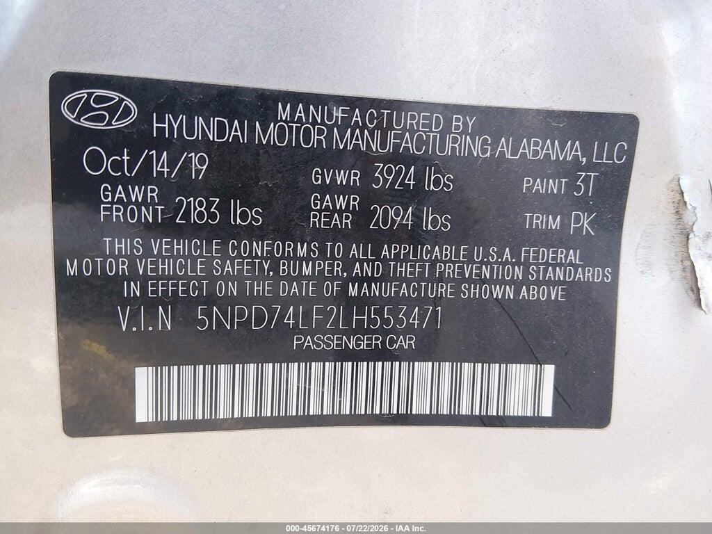 5NPD74LF2LH553471 2020 HYUNDAI ELANTRA photo no. 9