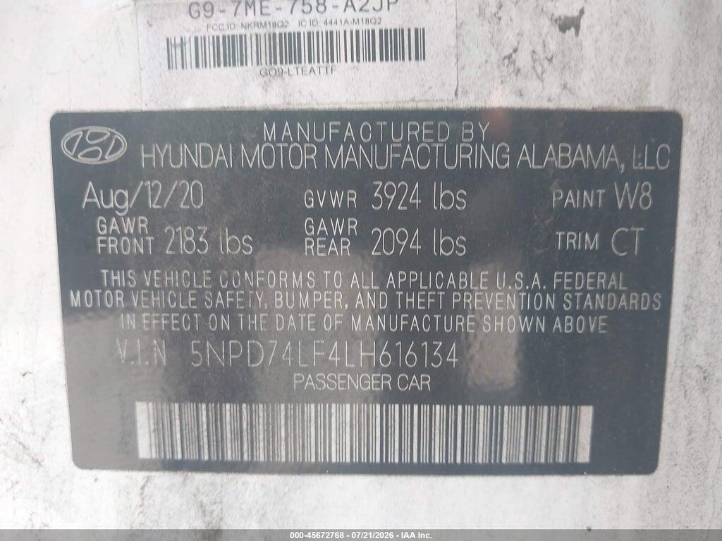 5NPD74LF4LH616134 2020 HYUNDAI ELANTRA photo no. 9