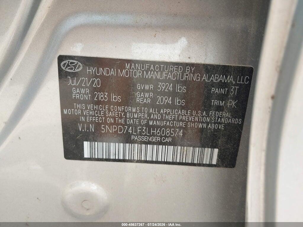 5NPD74LF3LH608574 2020 HYUNDAI ELANTRA photo no. 9