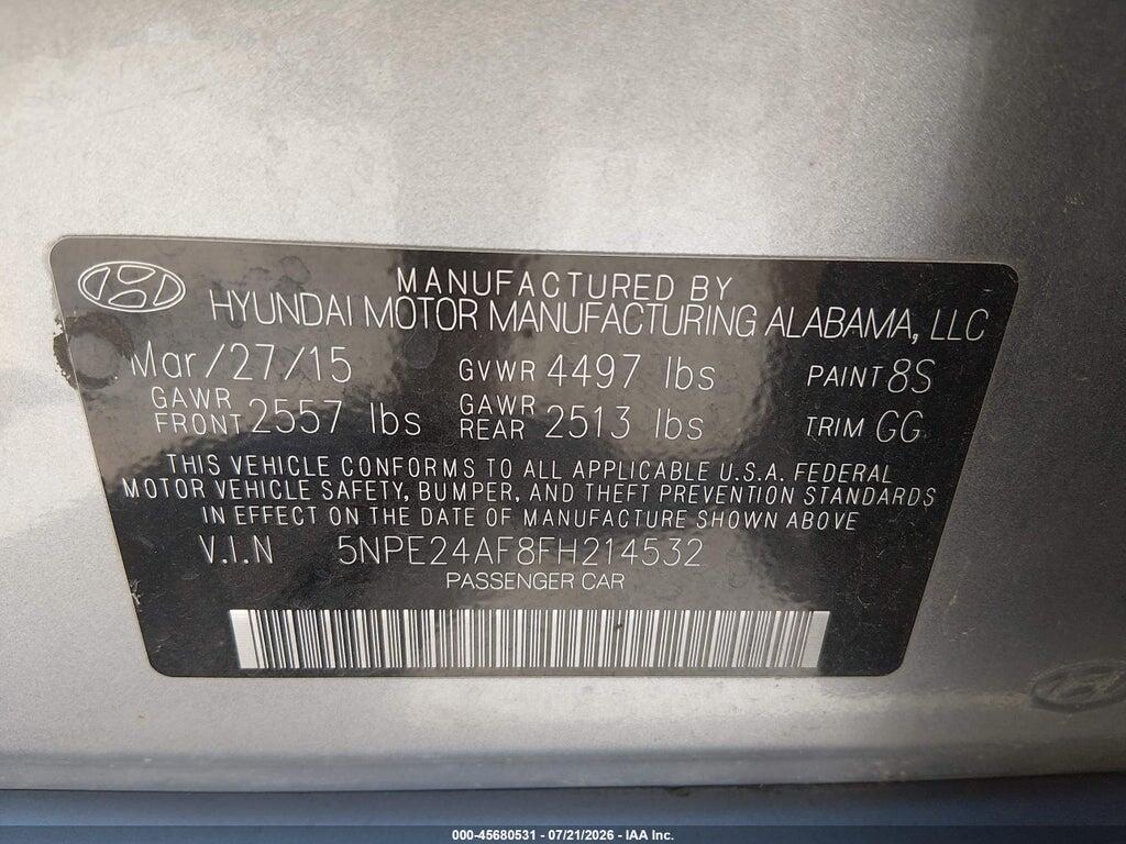 5NPE24AF8FH214532 2015 HYUNDAI SONATA photo no. 9