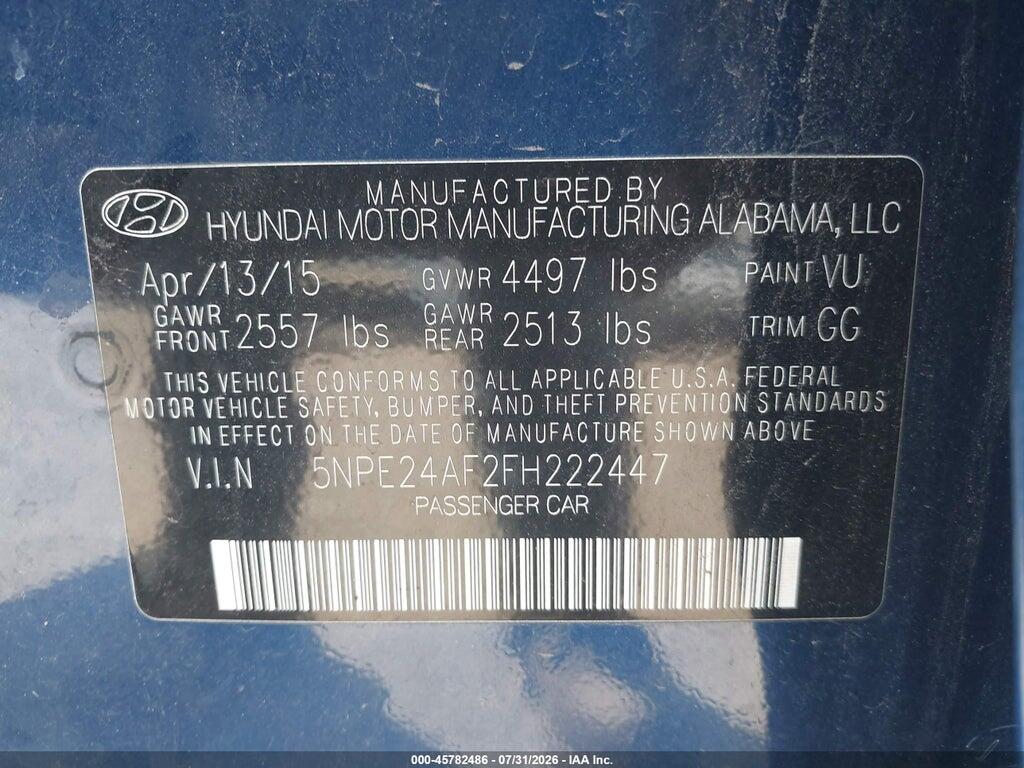 5NPE24AF2FH222447 2015 HYUNDAI SONATA photo no. 9