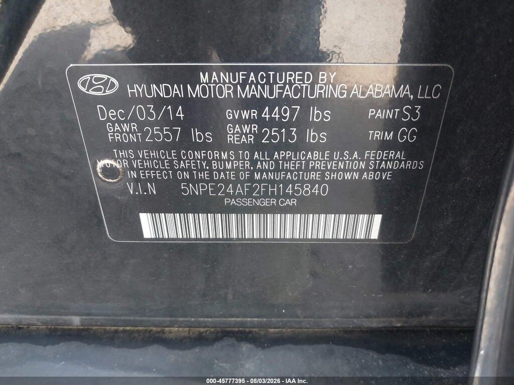 5NPE24AF2FH145840 2015 HYUNDAI SONATA photo no. 9