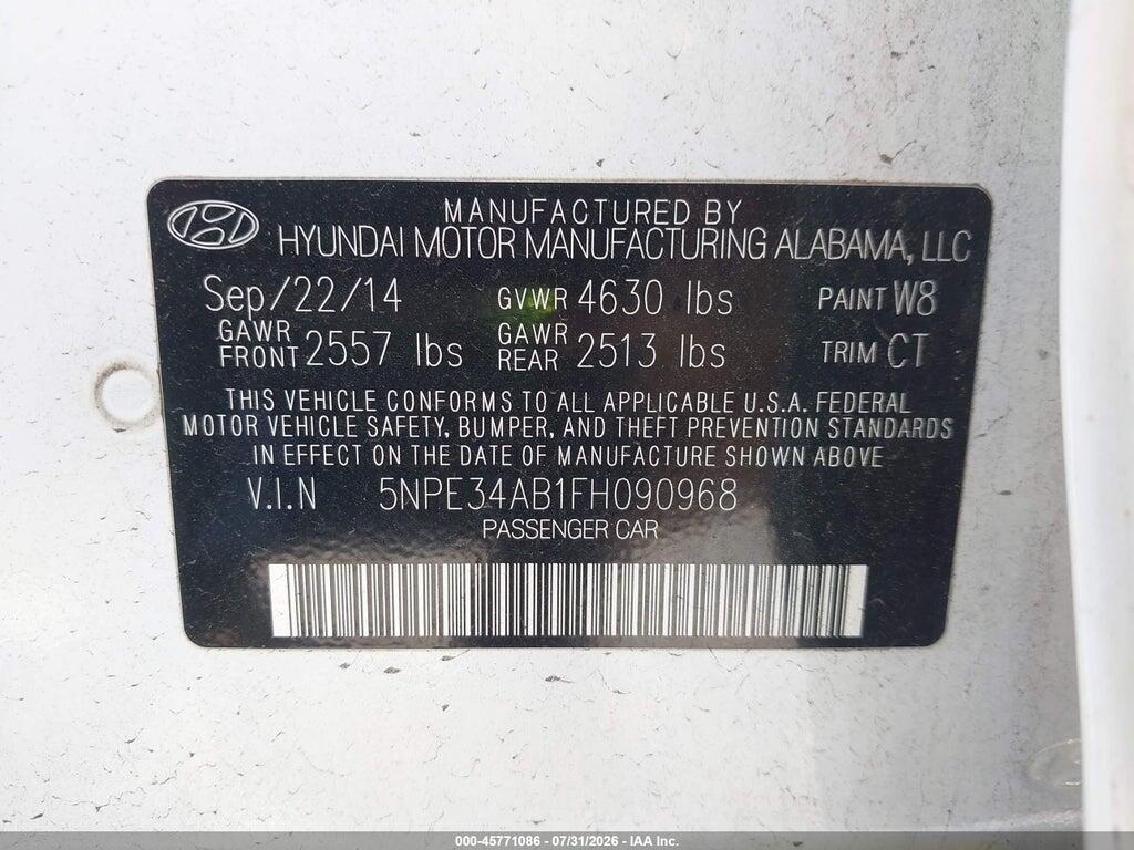 5NPE34AB1FH090968 2015 HYUNDAI SONATA photo no. 9