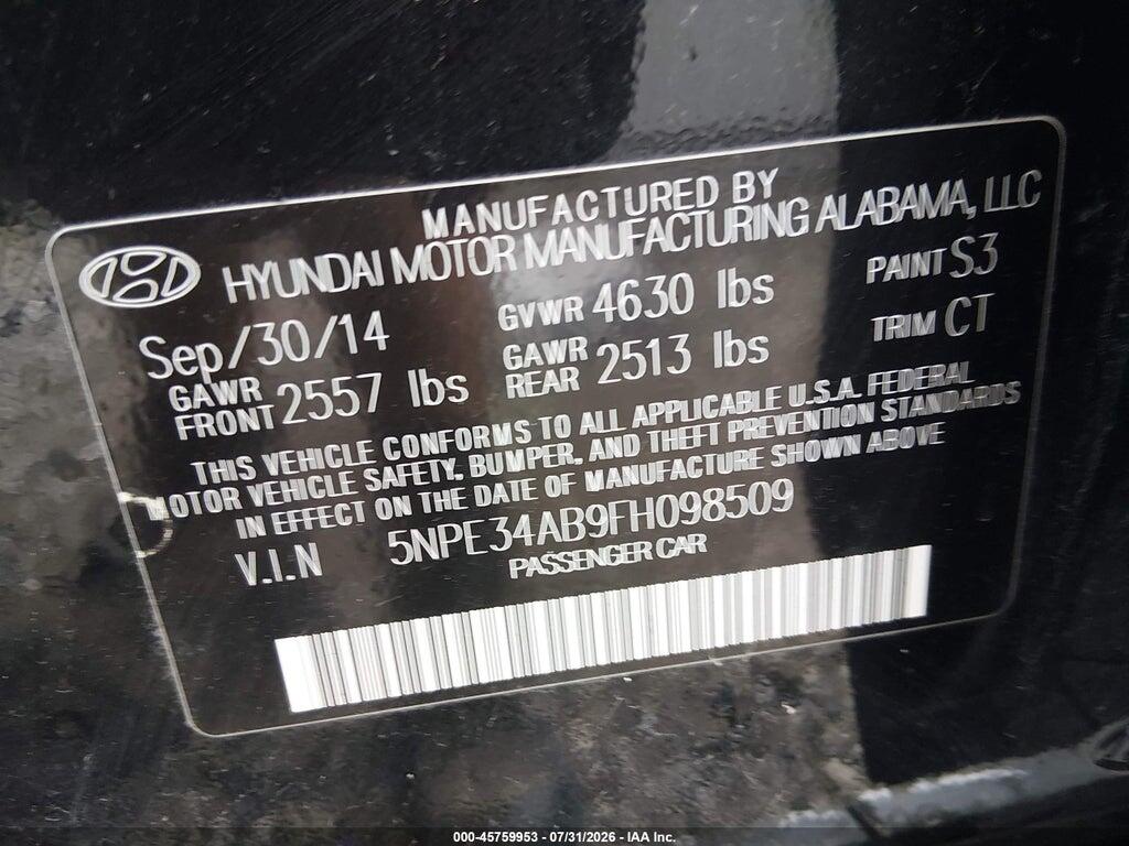 5NPE34AB9FH098509 2015 HYUNDAI SONATA photo no. 9