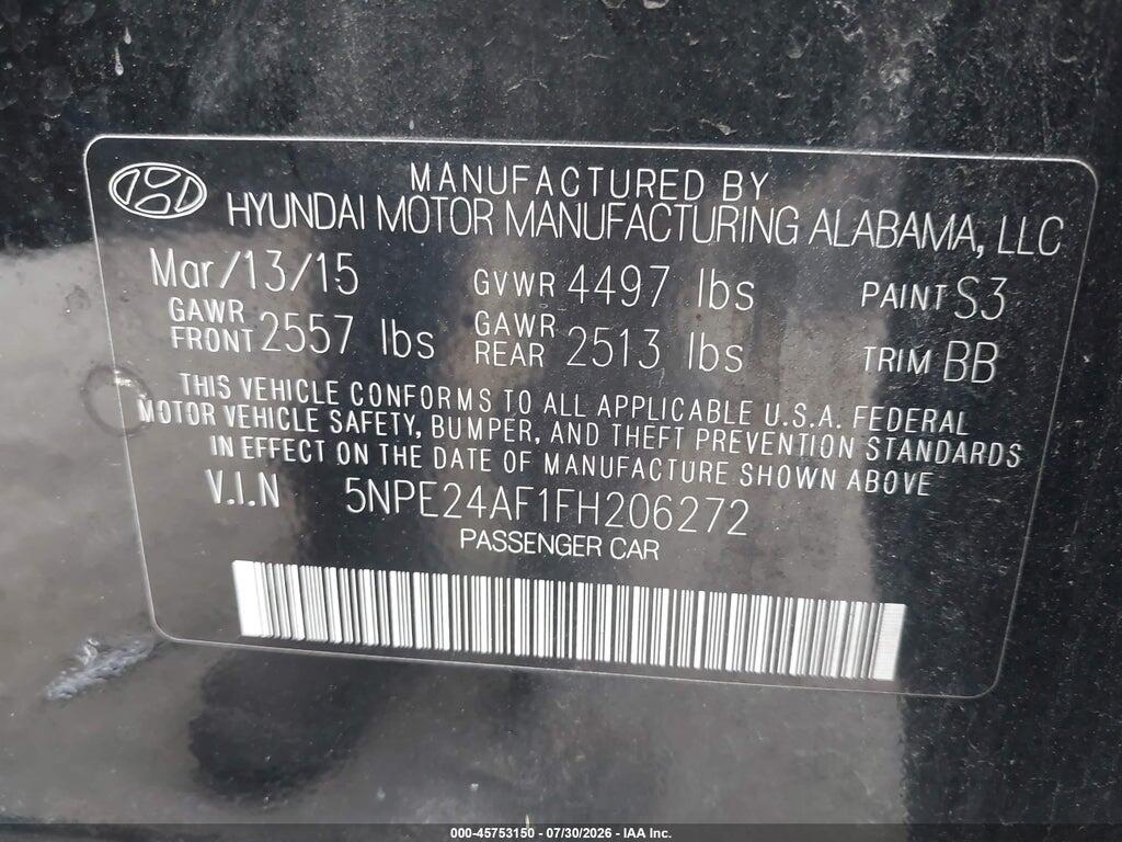 5NPE24AF1FH206272 2015 HYUNDAI SONATA photo no. 9