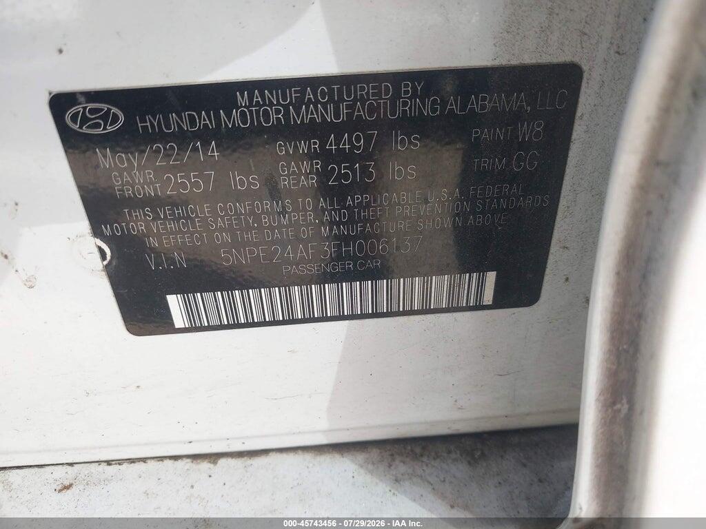 5NPE24AF3FH006137 2015 HYUNDAI SONATA photo no. 9