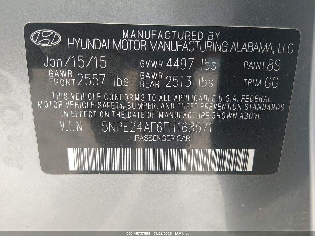 5NPE24AF6FH168571 2015 HYUNDAI SONATA photo no. 9