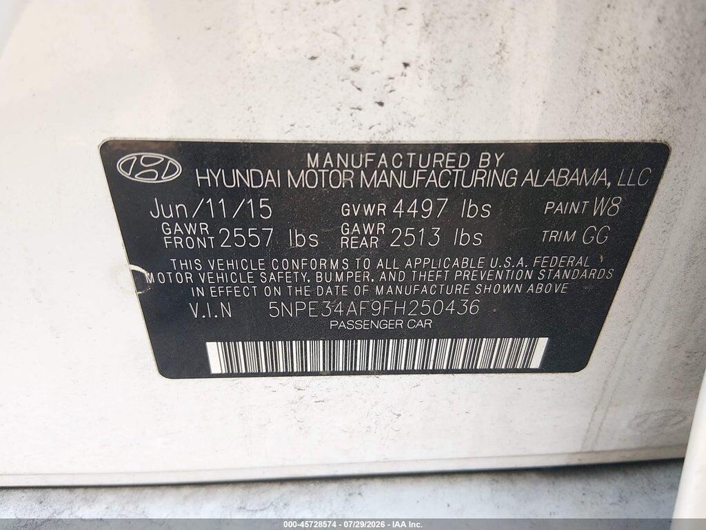 5NPE34AF9FH250436 2015 HYUNDAI SONATA photo no. 9