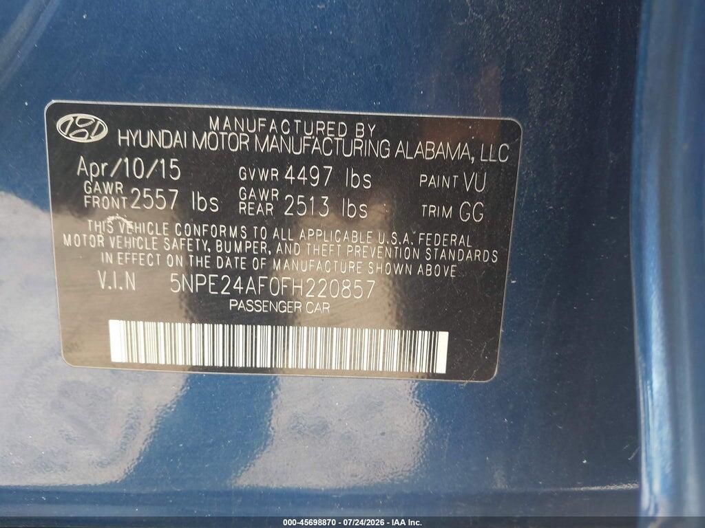 5NPE24AF0FH220857 2015 HYUNDAI SONATA photo no. 9