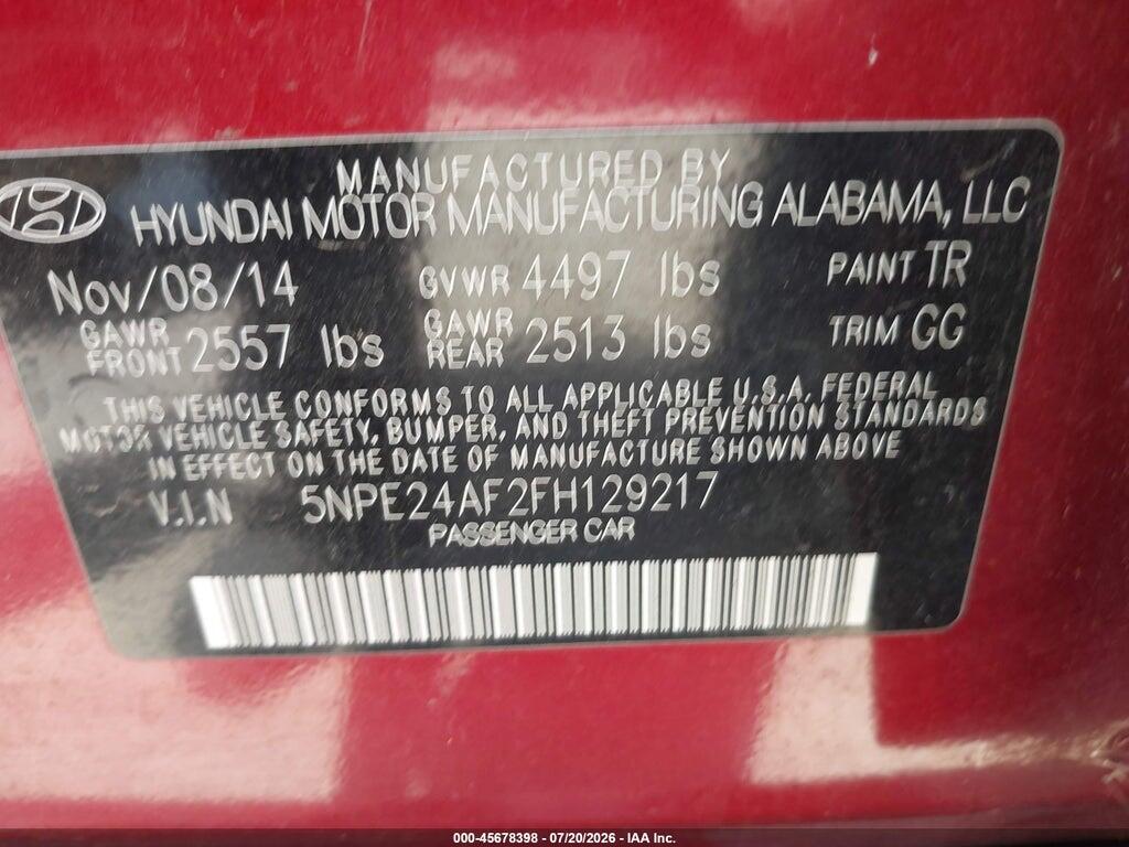 5NPE24AF2FH129217 2015 HYUNDAI SONATA photo no. 9