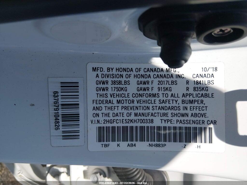 2HGFC1E52KH700338 2019 HONDA CIVIC SI photo no. 9