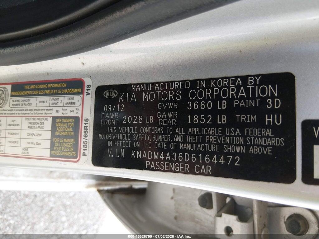 KNADM4A36D6164472 2013 KIA RIO photo no. 9