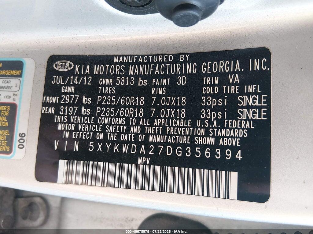 5XYKWDA27DG356394 2013 KIA SORENTO photo no. 9