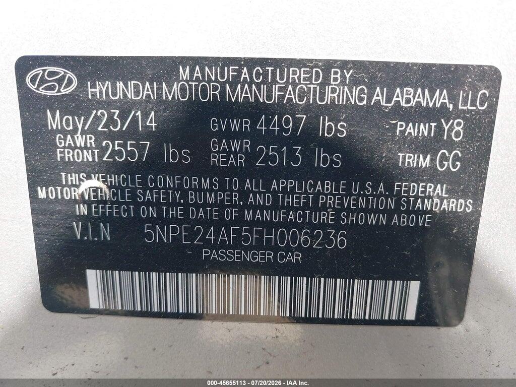 5NPE24AF5FH006236 2015 HYUNDAI SONATA photo no. 9