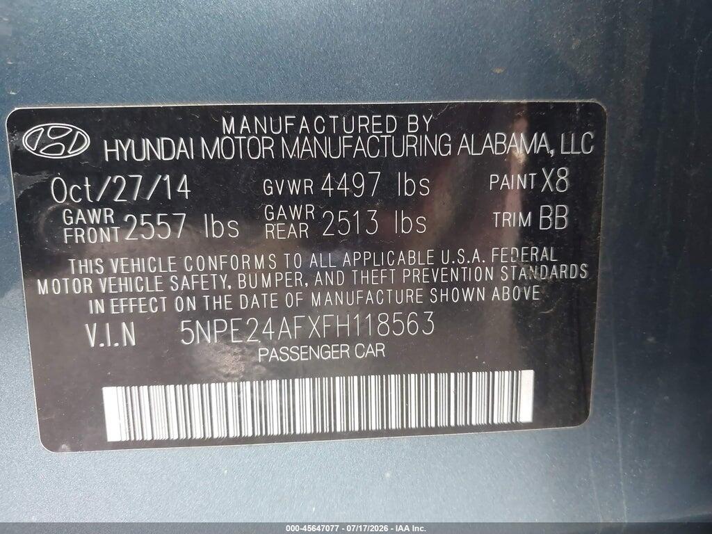 5NPE24AFXFH118563 2015 HYUNDAI SONATA photo no. 9