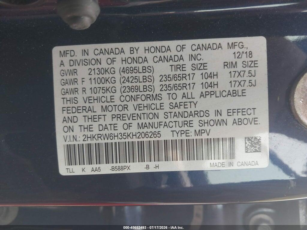 2HKRW6H35KH206265 2019 HONDA CR-V photo no. 9