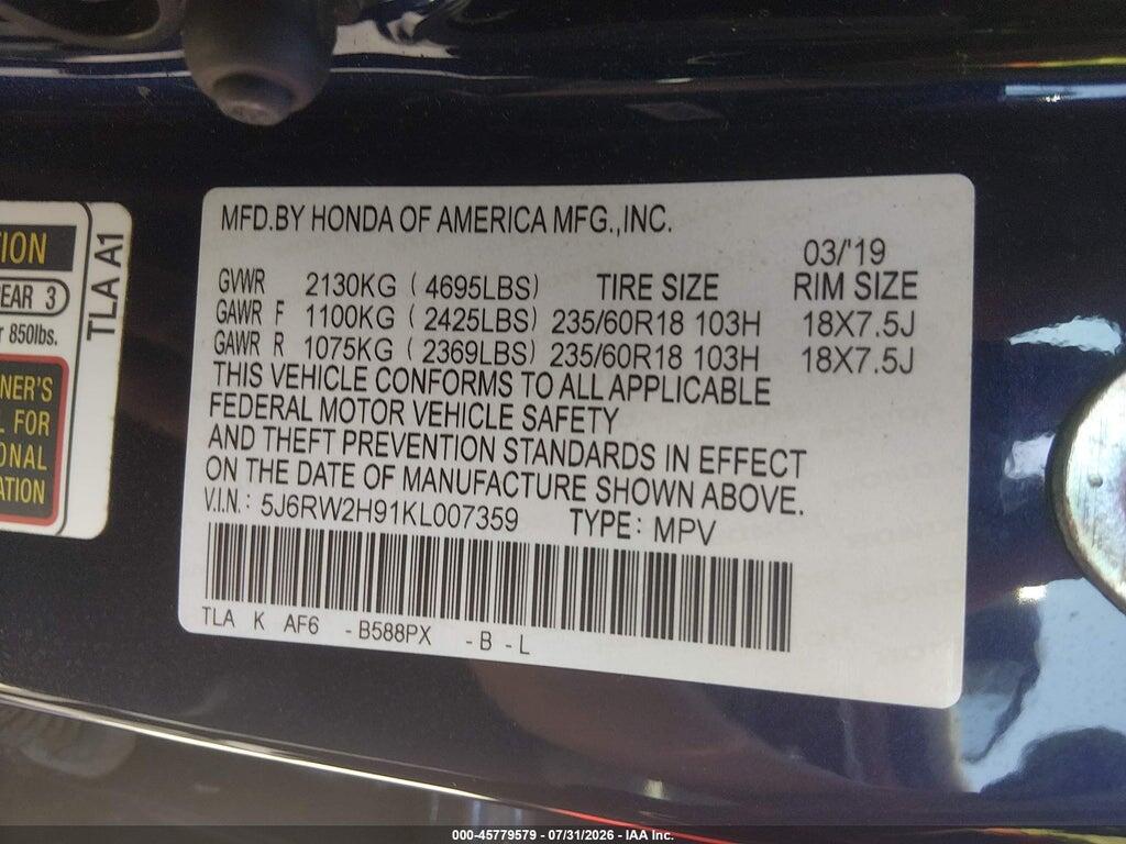 5J6RW2H91KL007359 2019 HONDA CR-V photo no. 9