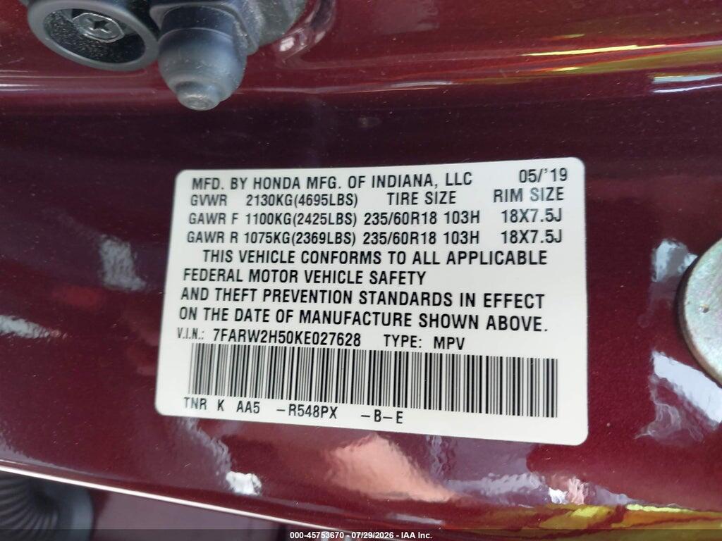 7FARW2H50KE027628 2019 HONDA CR-V photo no. 9