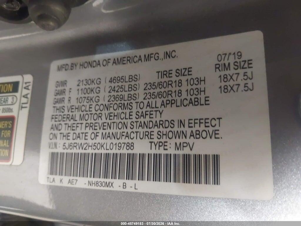 5J6RW2H50KL019788 2019 HONDA CR-V photo no. 9