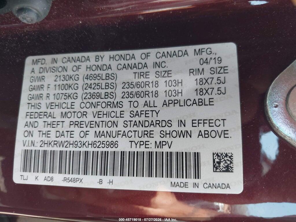 2HKRW2H93KH625986 2019 HONDA CR-V photo no. 9