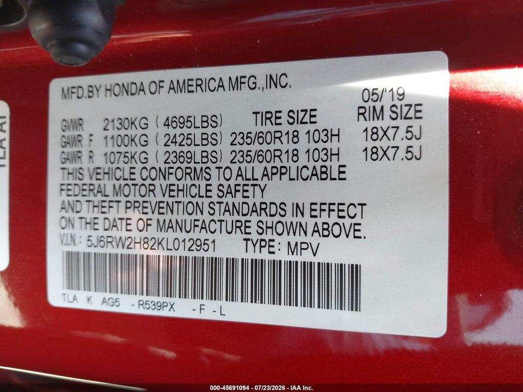 5J6RW2H82KL012951 2019 HONDA CR-V photo no. 9