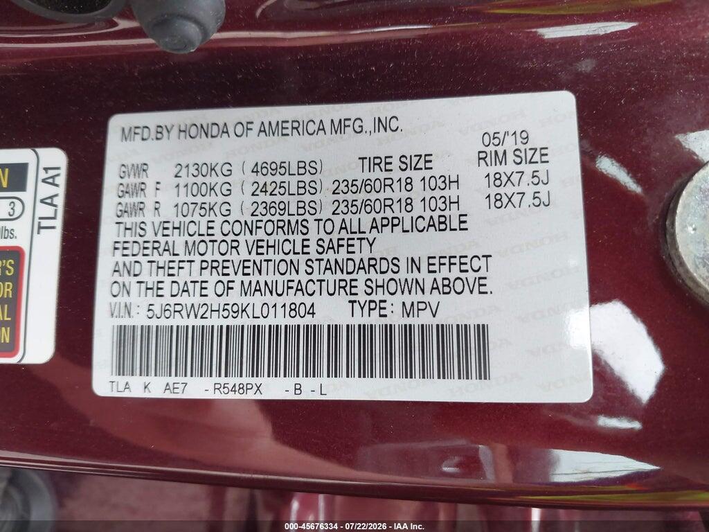 5J6RW2H59KL011804 2019 HONDA CR-V photo no. 9