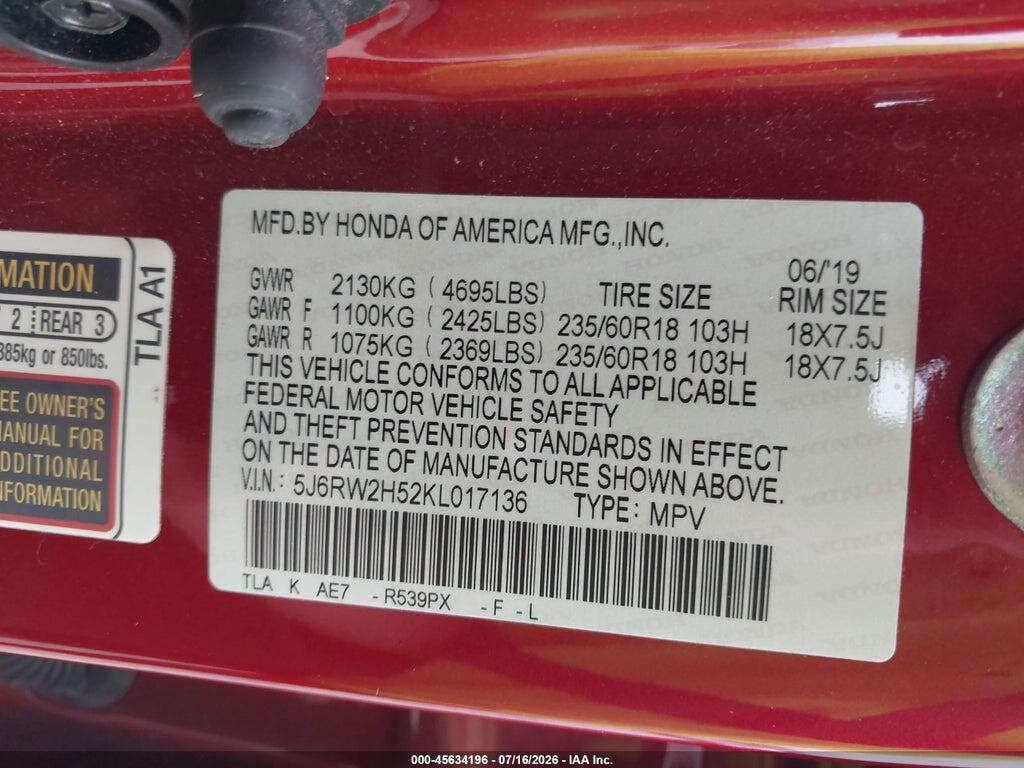 5J6RW2H52KL017136 2019 HONDA CR-V photo no. 9