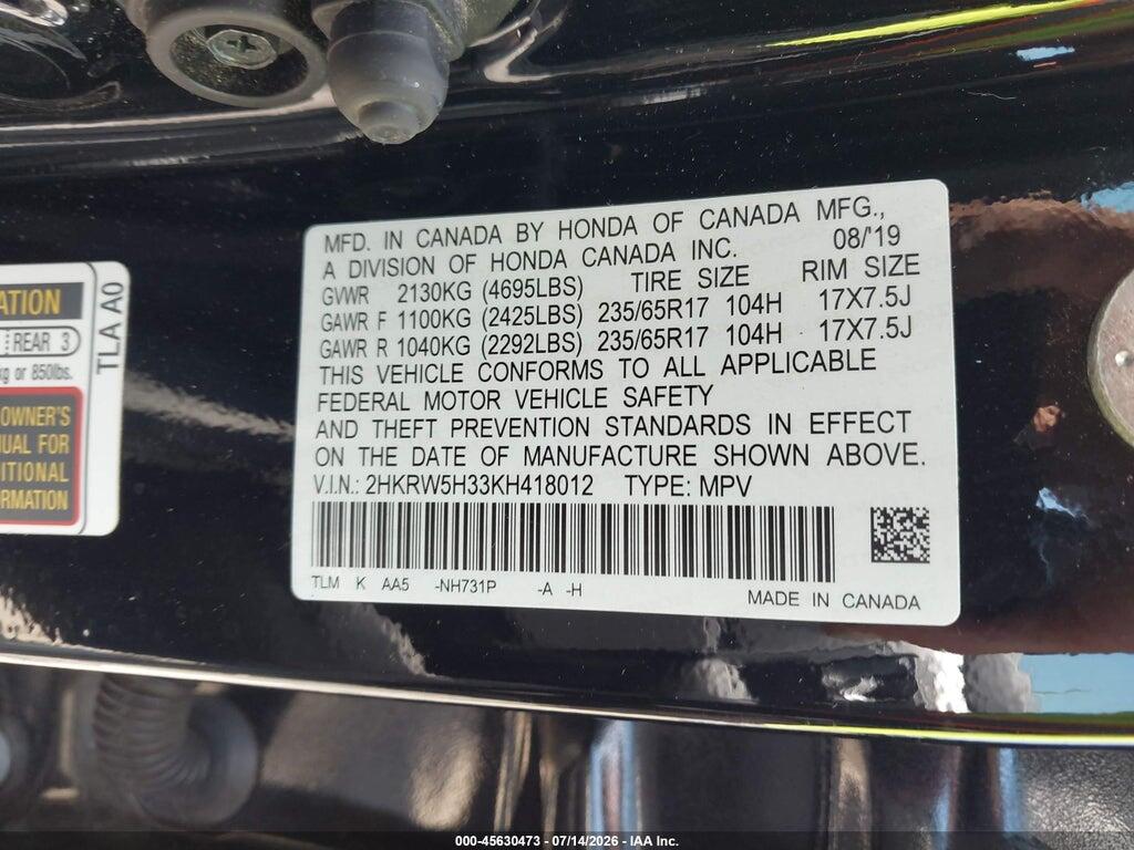 2HKRW5H33KH418012 2019 HONDA CR-V photo no. 9