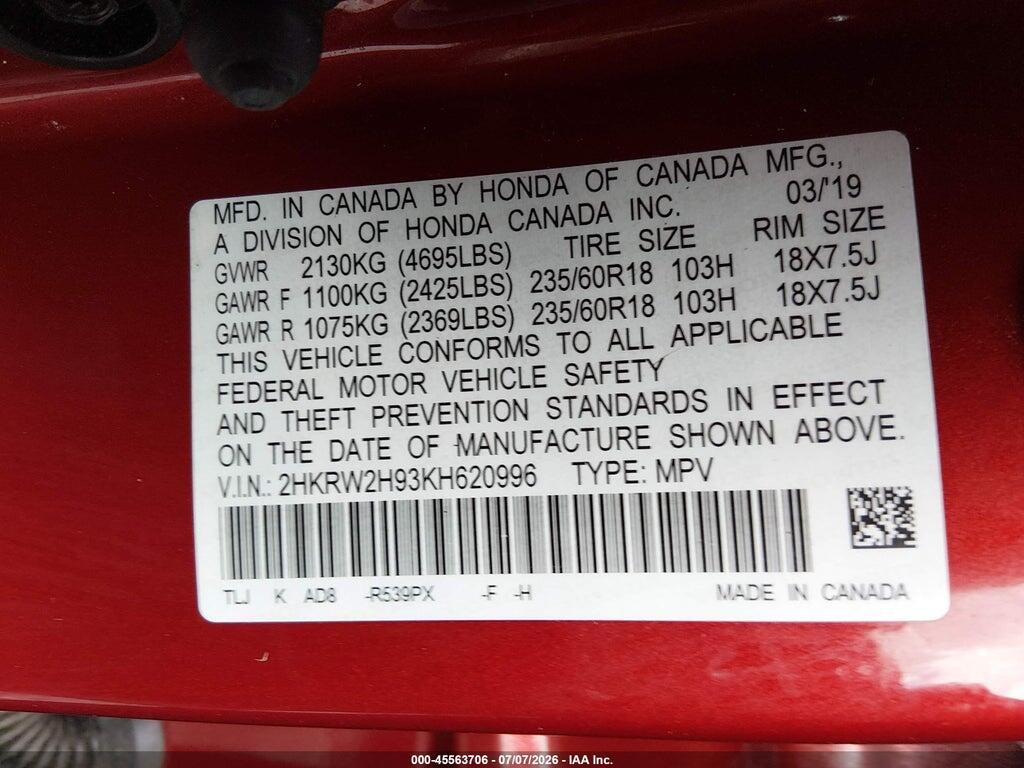 2HKRW2H93KH620996 2019 HONDA CR-V photo no. 9