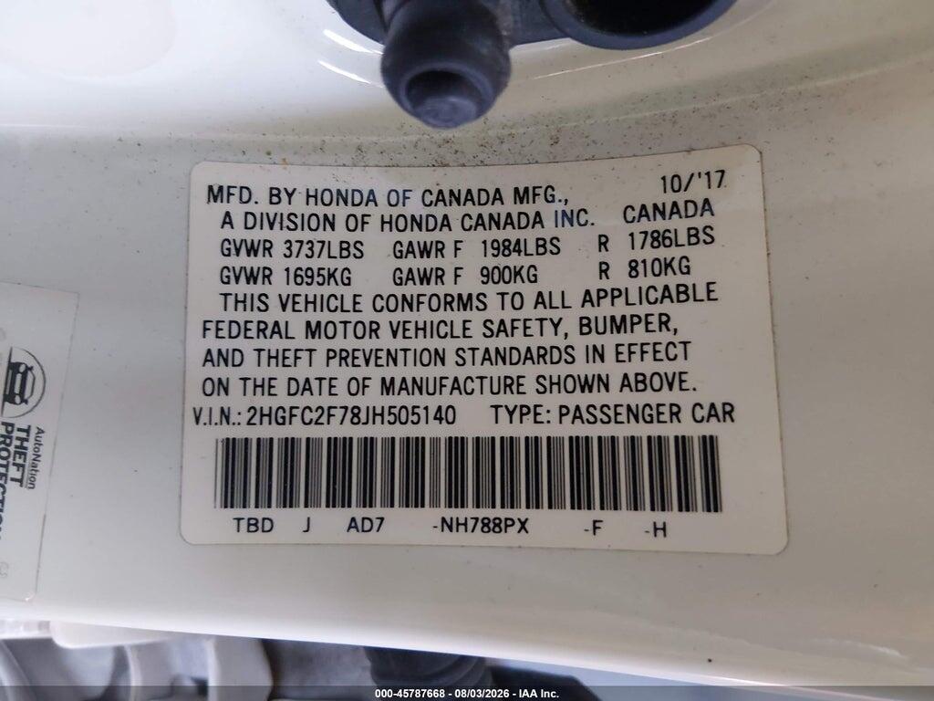 2HGFC2F78JH505140 2018 HONDA CIVIC photo no. 9