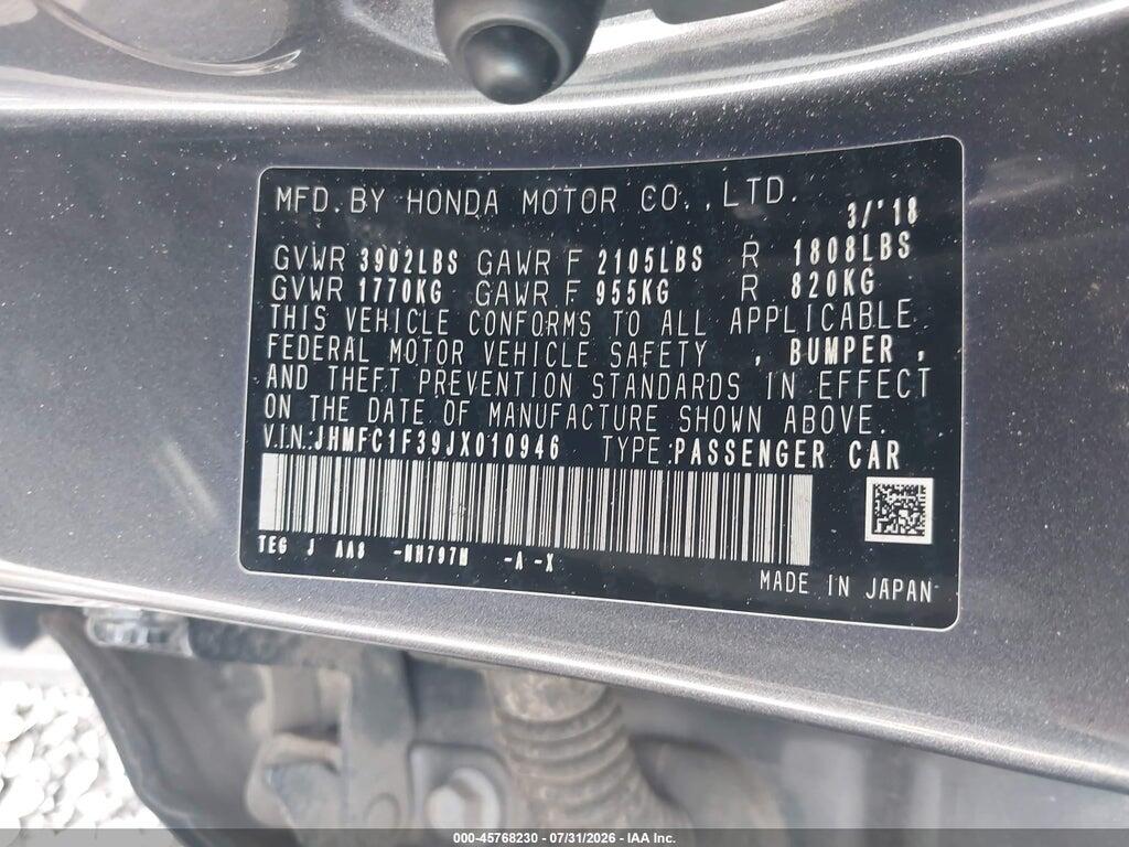 JHMFC1F39JX010946 2018 HONDA CIVIC photo no. 9