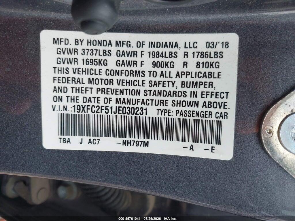 19XFC2F51JE030231 2018 HONDA CIVIC photo no. 9