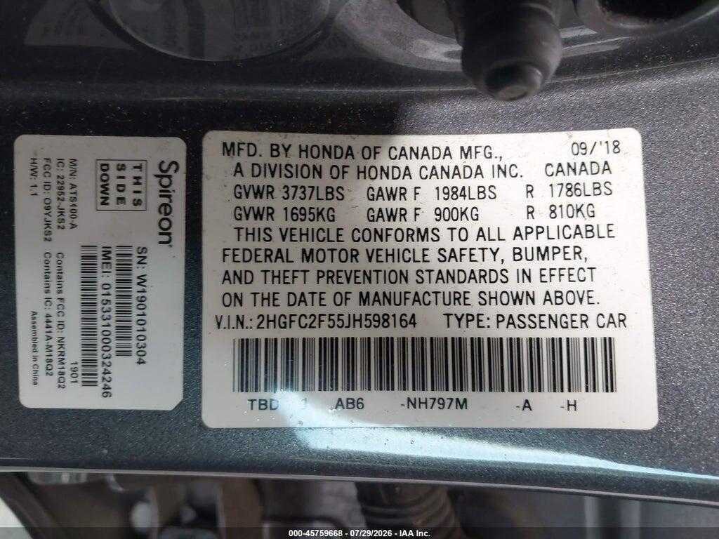 2HGFC2F55JH598164 2018 HONDA CIVIC photo no. 9