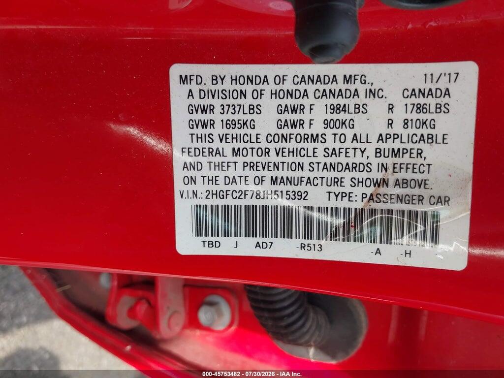 2HGFC2F78JH515392 2018 HONDA CIVIC photo no. 9
