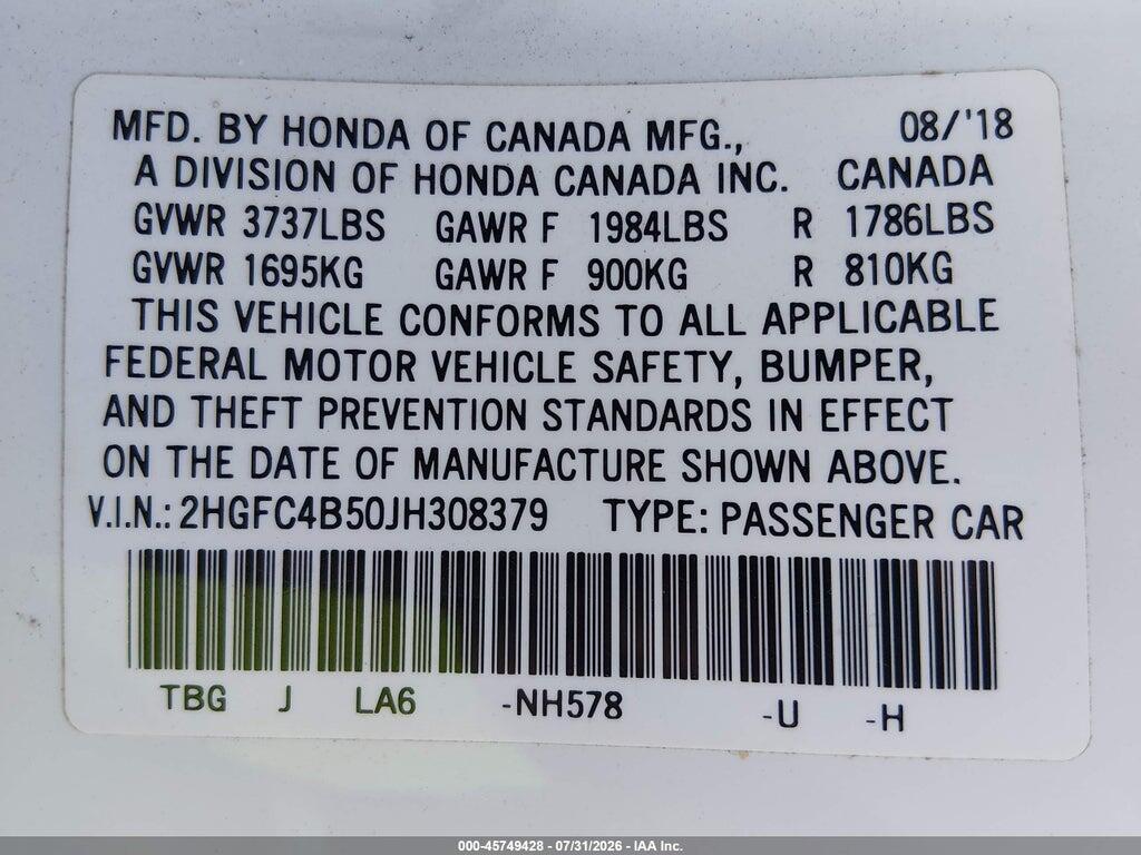 2HGFC4B50JH308379 2018 HONDA CIVIC photo no. 9