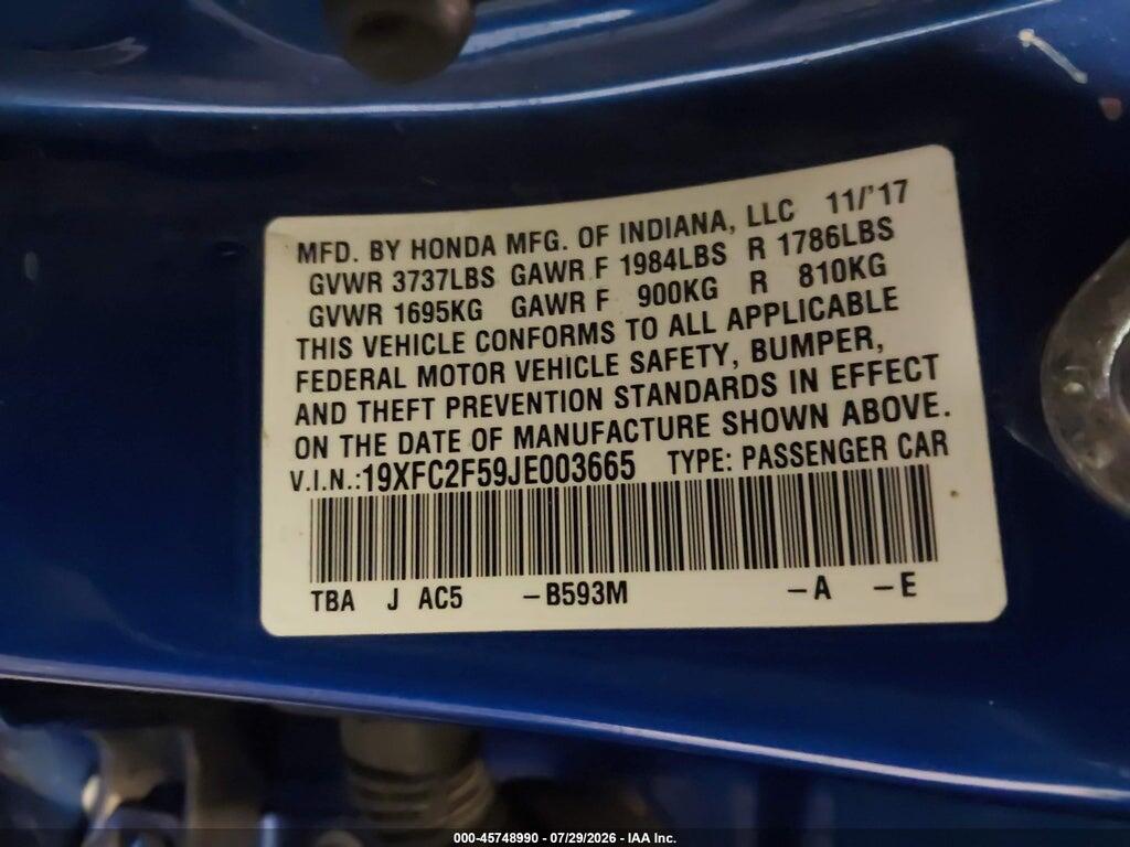 19XFC2F59JE003665 2018 HONDA CIVIC photo no. 9