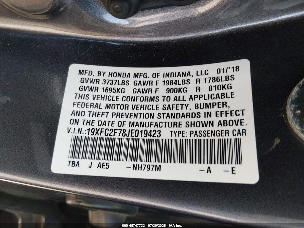 19XFC2F78JE019423 2018 HONDA CIVIC photo no. 9