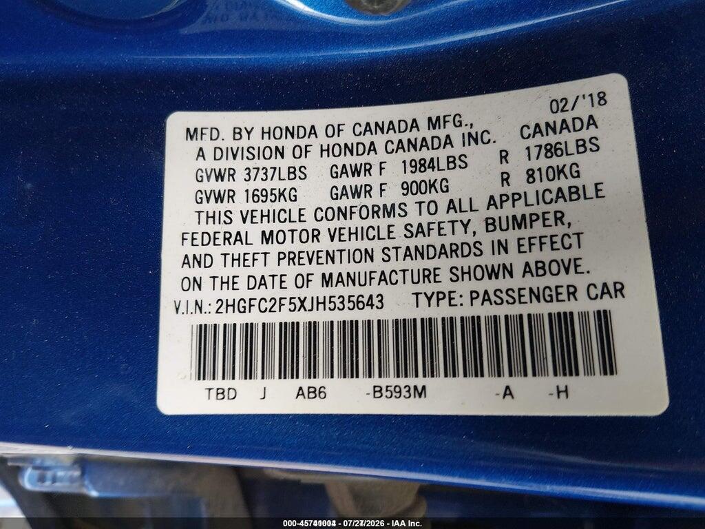 2HGFC2F5XJH535643 2018 HONDA CIVIC photo no. 9