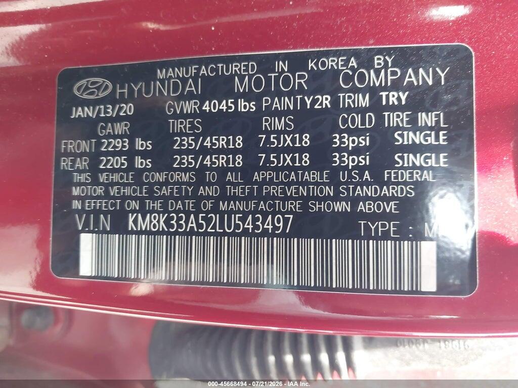 KM8K33A52LU543497 2020 HYUNDAI KONA photo no. 9