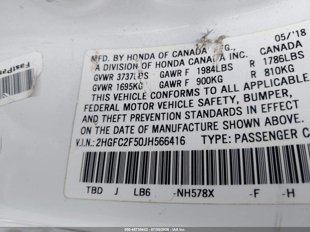 2HGFC2F50JH566416 2018 HONDA CIVIC photo no. 9