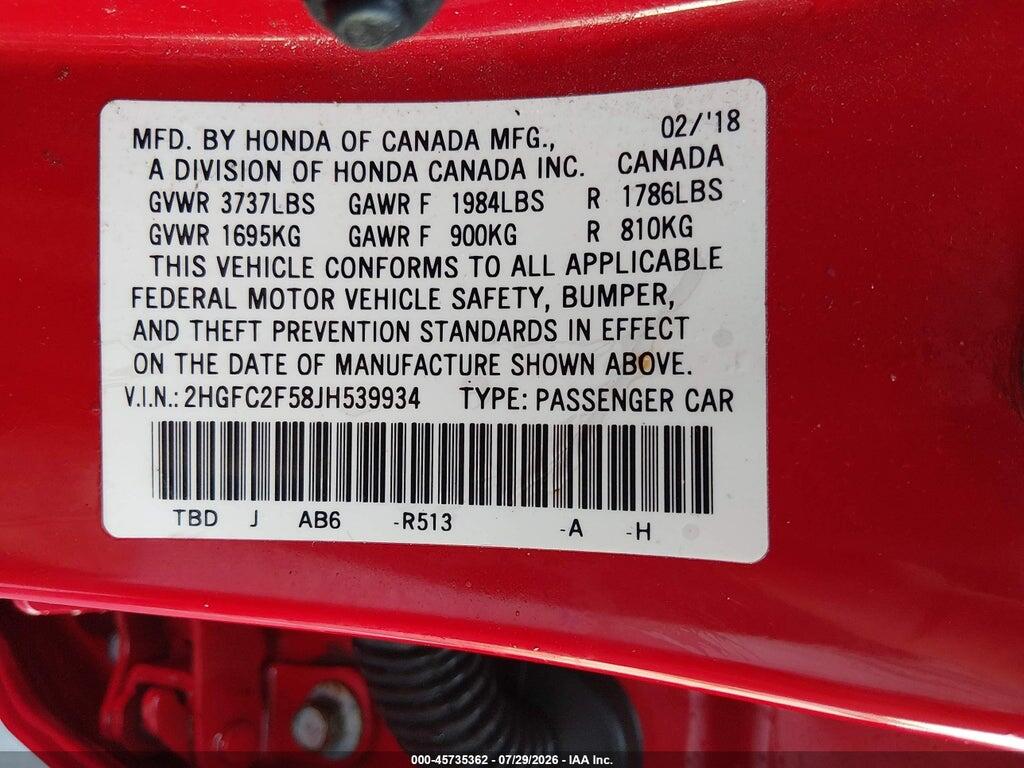 2HGFC2F58JH539934 2018 HONDA CIVIC photo no. 9